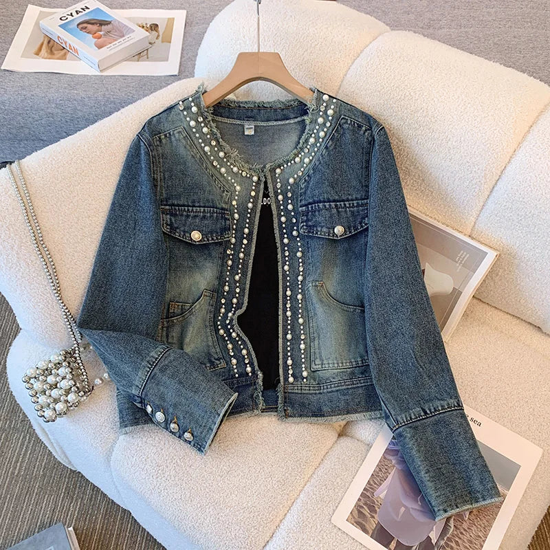 Hnewly  Beading Denim Jacket Women's Spring Autumn New Loose Versatile Short Top Elegant O-neck Long Sleeved  Single Breasted Top