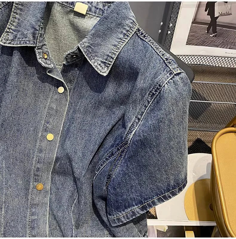 Hnewly  Retro Denim Jacket Women's 2025 Summer New Loose Versatile Short Sleeved Top Large Size Single Breasted Turndown Collar Shirt