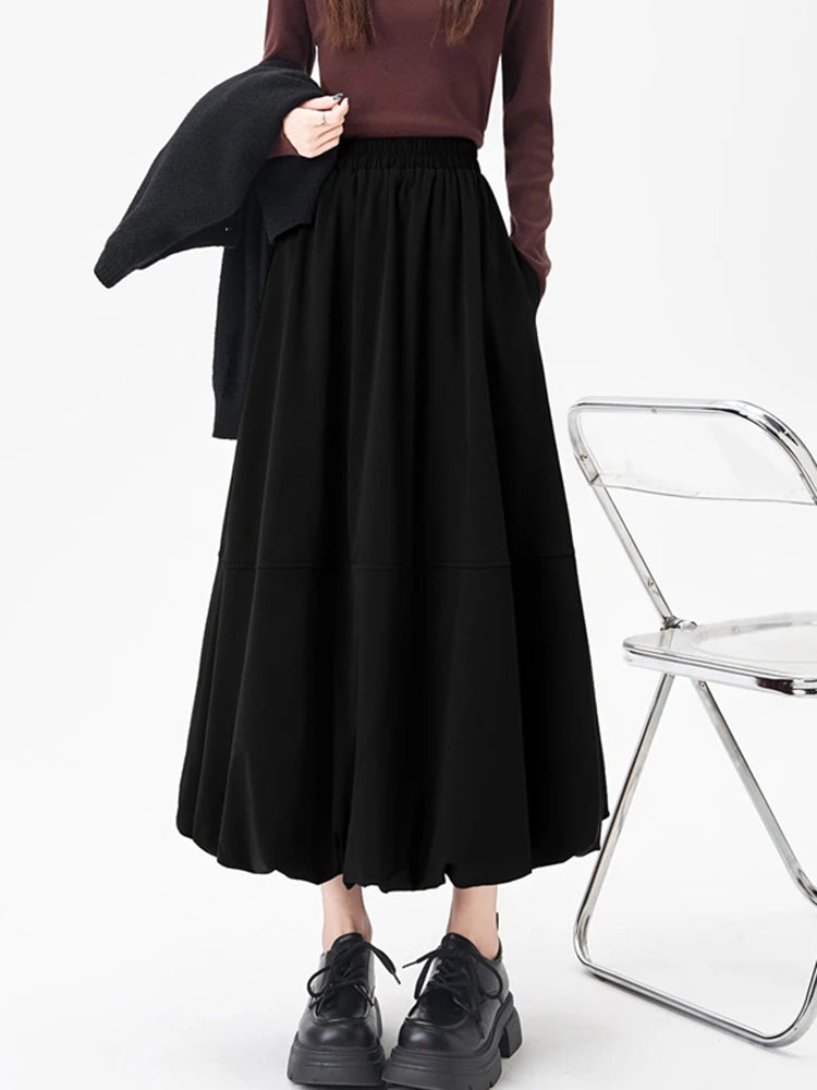 Hnewly  Retro Ball Gown Long Skirt Women Loose High Waist Elegant A Line Skirt Fall Vintage Sweet Design Korean Solid Long Skirts