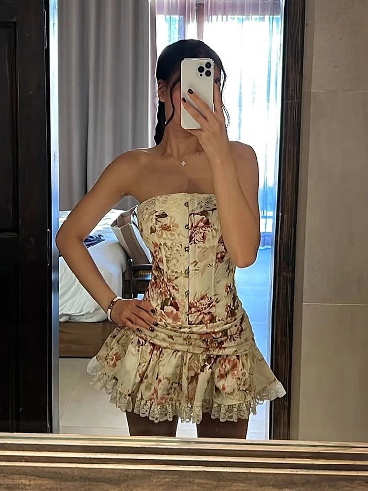 Hnewly  Flower Print 2-Piece Set Women Y2K Single-Breasted Metal Buckle Wrap Top+Lace Folds Hem Skirt Sweet Matching Suits