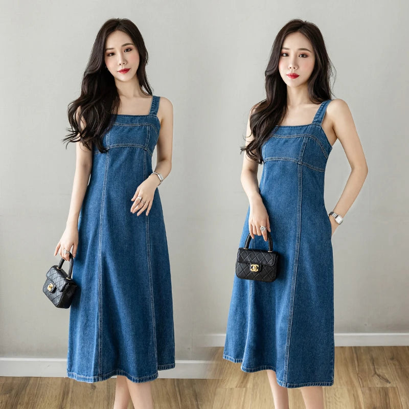Hnewly  Denim Spaghetti Strap Dress New Summer Women's Retro Strap A-Line Dress Classic Blue Tea-Length Versatile Slim Sun Dresses
