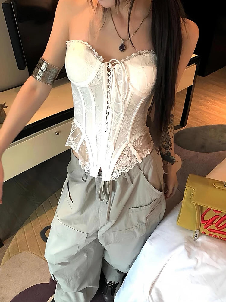 Hnewly Shirring Corset Tops Women Patchwork irregular Lace Sleeveless Backless Skinny Summer Trend Y2K Midnight Street Vest
