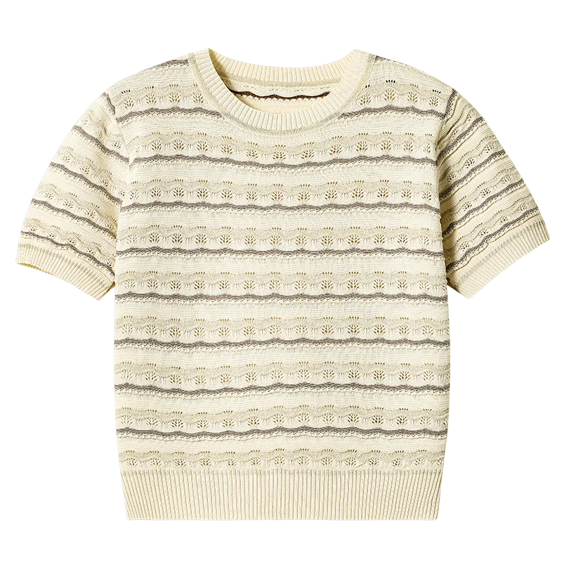 Hnewly  Hollow Out Ice Silk Knitted T-shirt Retro Round Neck Wave Pattern Short Sleeve Tee Women's Spring/Summer New Fashion Loose Top