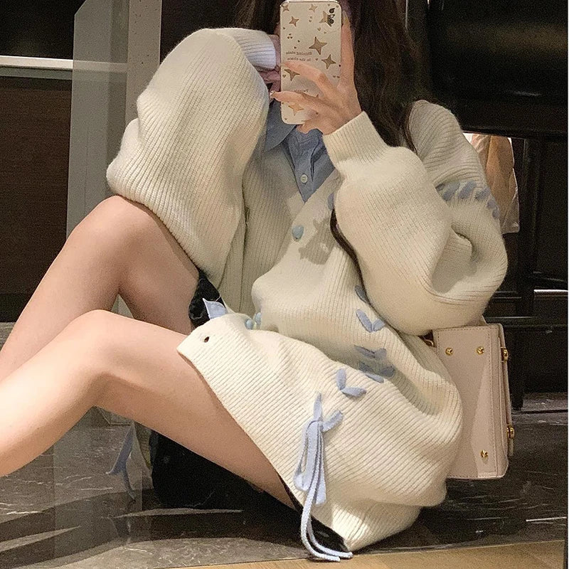 Hnewly y2k Sweaters 2000s Women Butterfly Print Side Drawstring Single Breasted Long Sleeve Loose Cardigan Tops Streetwear