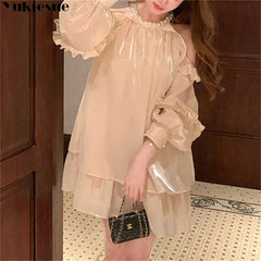 Hnewly DRESS TO IMPRESS Women Chiffon Dresses Summer New French Style  Solid Fashion Sexy Off-the-shoulder Long Puff Sleeve Ruffles Simple Dress