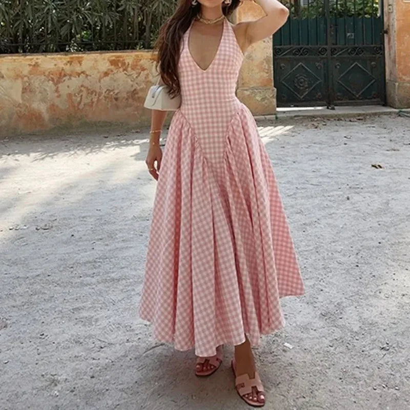 Hnewly Spring Women's Elegant Waist Hanging Neck V-neck Crimson Waist Dress
