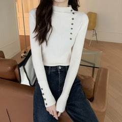 Hnewly  Rib Knit Top Mock Neck Long Sleeve Slim Fitted Sweater Mockneck Pullovers Women Plain Jumper Teen-girl Fall Winter Outfit