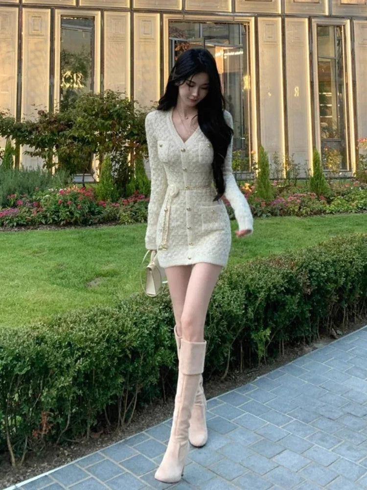Hnewly DRESS TO IMPRESS French Elegant Slim Knitted Dress Short Party One Piece Dress Korean Fashion Winter Sexy Bodycon Y2k Mini Dress Woman Chic
