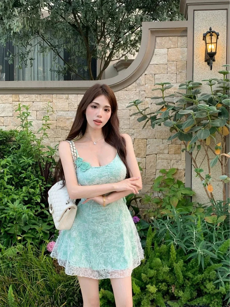 Hnewly  Mini Dresses Women Flowers Lace Patchwork Slim Slash Neck Backless Party Dress Female Sexy Elegant Holiday Casual
