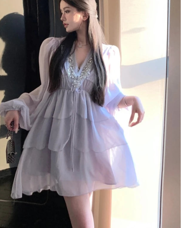 Hnewly Beaded Multi Ruffles Mini Dress Elastic High Waist Puff Lantern Sleeves Chiffon Dresses Celebrity Style Vestidos Women