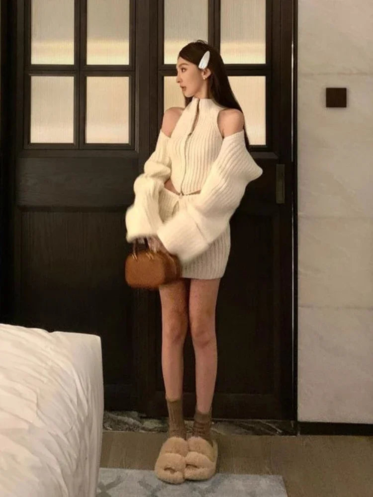 Hnewly Elegant Knitted Clothing 3 Piece Set Casual Short Cardigan + Slim Vest + Sexy Y2k Mini Skirt Korean Fashion Suit  Winter