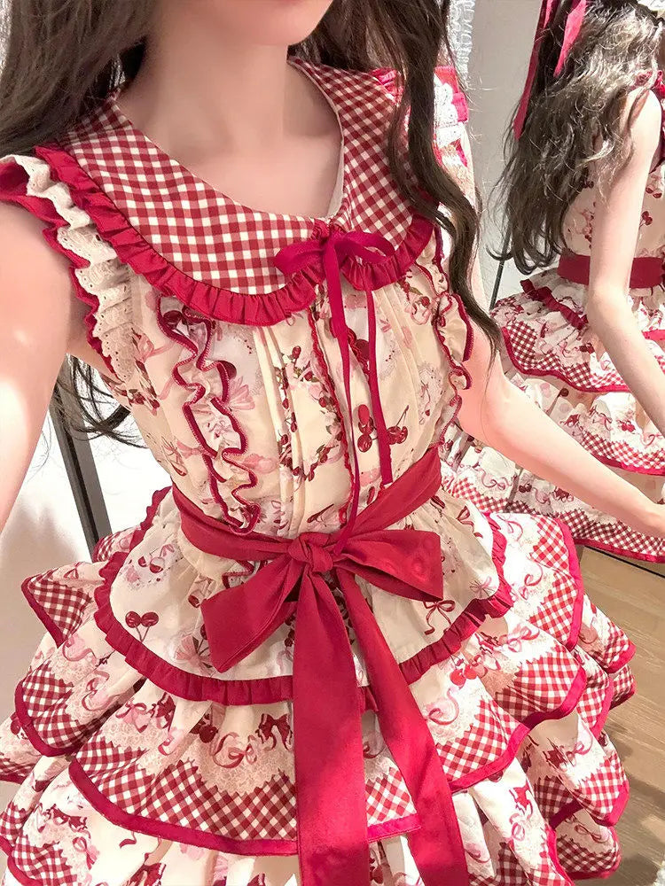 Hnewly  Sweet Lolita Cute Skirt and Top 2-Piece Set Summer Japanese Girl's Bow Cherry Print Tea Party Split Dress for Women Outfits