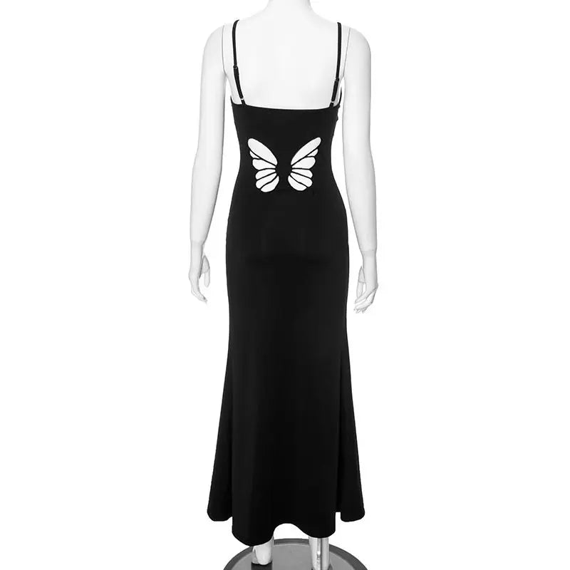 Hnewly Sexy Hollow Butterfly Backless Dresses Women Y2K Summer Elegant Outfits Lady Red Maxi Dress Bodycon Birthday Party Club Sundress