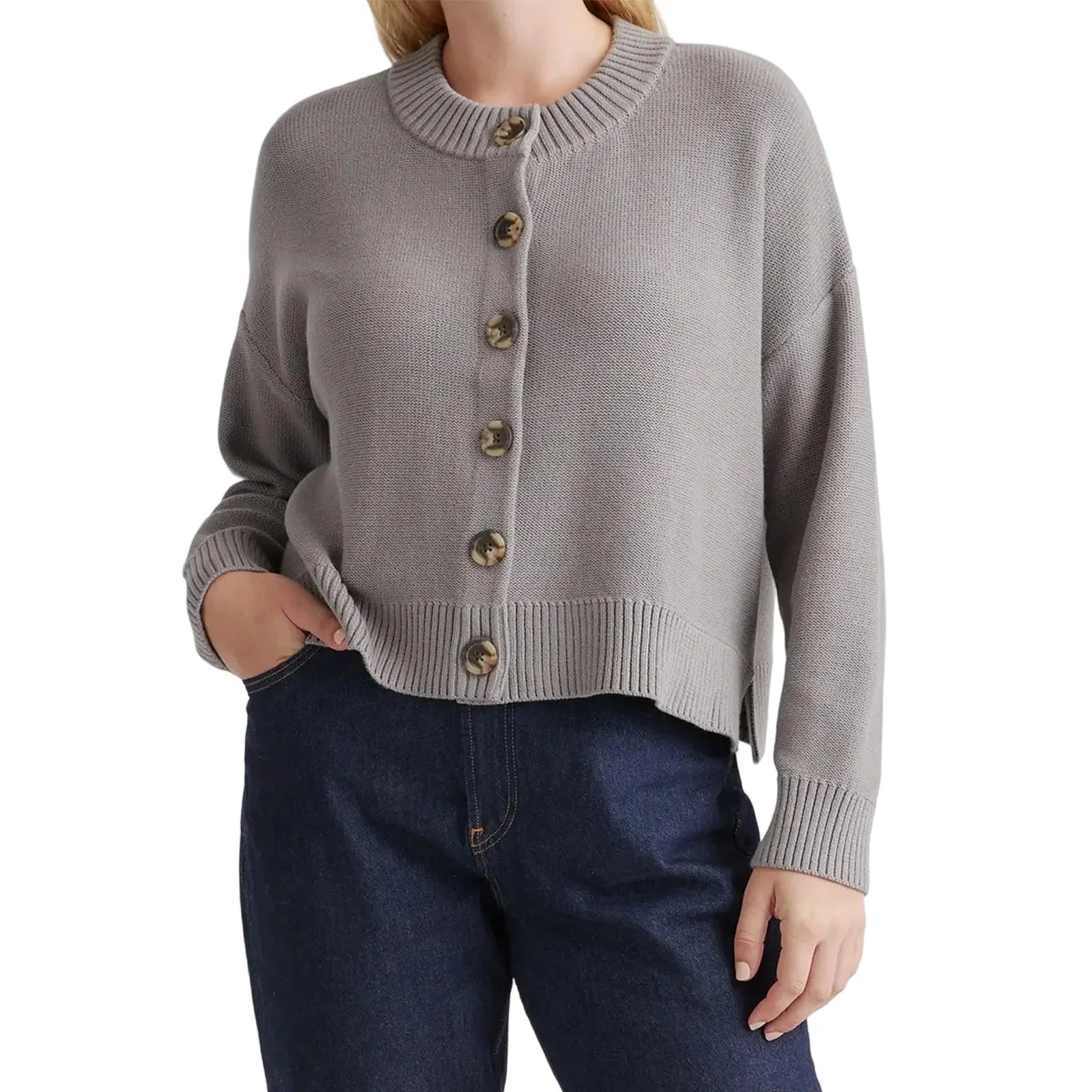 Hnewly Cardigan Tops y2k Women Clothes Solid Color Crew Neck Long Sleeve Button Down Knit Sweater 2000s Clothing Outwear