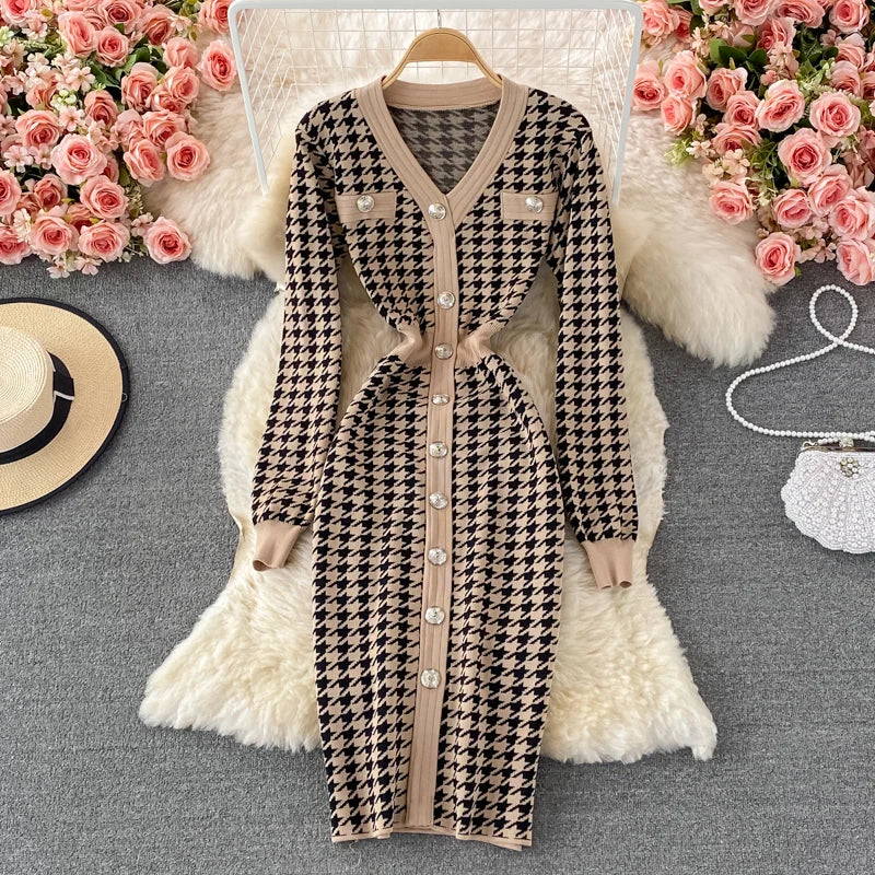 Hnewly  V-neck Sweater Dress Autumn New Versatile Slim Knitted Dresses Elegant Single Breasted High Waisted A-line Gown