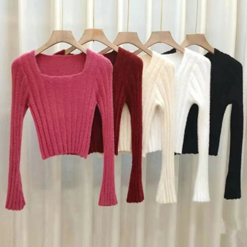 Hnewly Autumn Winter Knitting Crop Tops Women Skinny Sweaters Bottom Shirts Fashion Female Long Sleeve Pullover Casual Knitted Sweater