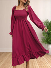 Hnewly  Women's Boho Square Neck Smocked Long Puff Sleeve A Line Maxi Dress