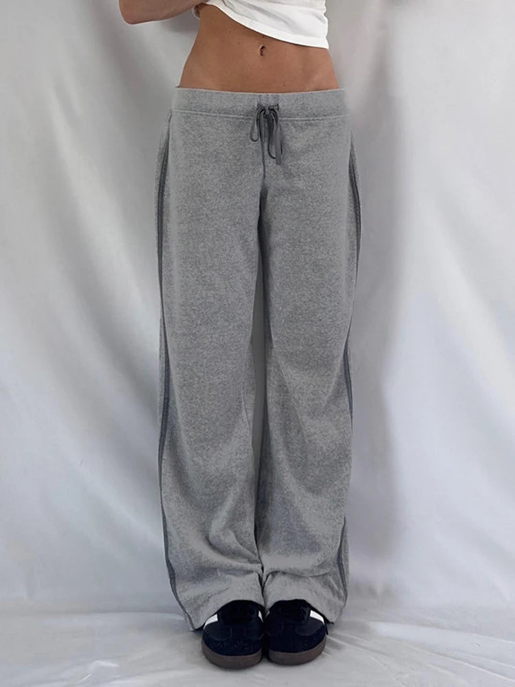 Hnewly  Women's Basic Striped Contrast Color Drawstring Pants Casual Low Rise Full Length Straight Leg Street Style Trousers