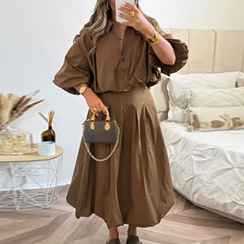 Hnewly  Women's Solid Half Lantern Sleeve Short Top Pleated Long Skirt Autumn New Female Outfit Casual Zipper Lapel Tops Skirts Set