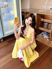 Hnewly  Elegant Sweet V-neck Long Dress Women Butter Yellow Casual Sexy Beach Midi Dresses Korean Style Lace Up Dress Backless