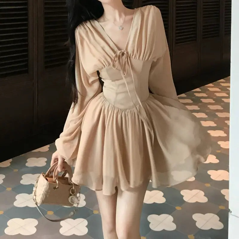 Hnewly  Woman Dress Elegant Long Sleeve V Neck Bandage Slim Spring Summer Fashion Sweet Mini Dresses Female Casual Chic