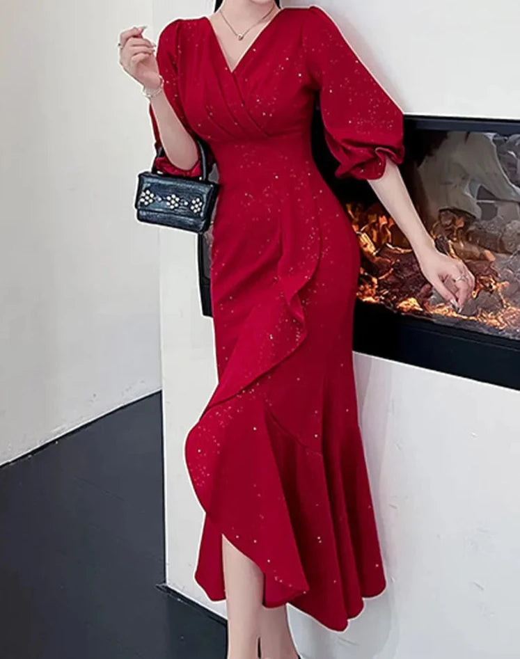 Hnewly Elegant Midi Red Mermaid Dress Women Autumn Korean Sexy V-neck Irregular Sequins Dress Vintage Casual Evening Party Dress