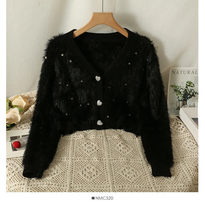 Hnewly  Heart Button Plush Soft Sweater Coat Autumn/Winter New Women's Fashion Shiny Diamond V-Neck Short Knitted Cardigan Top