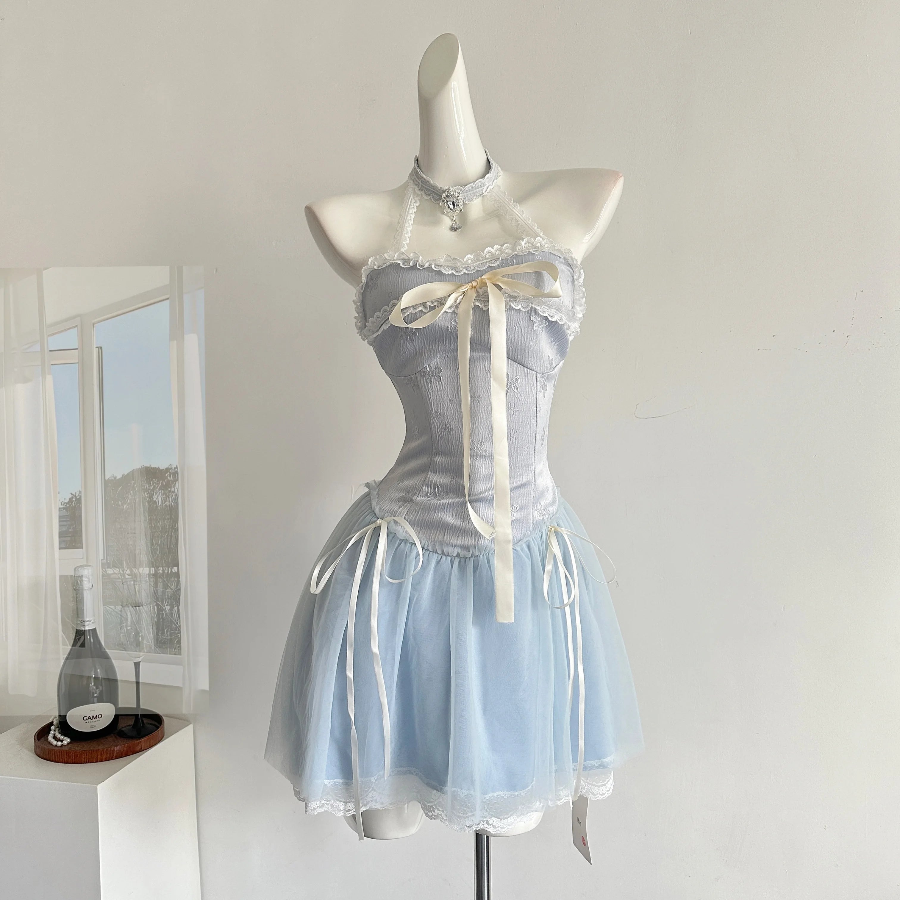 Hnewly Summer Women Y2k Birthday Ballet Core A-line Fairy Dress Mini Lace Frocks One-Piece Korean Evening Lolita Party Shoujo Gyaru