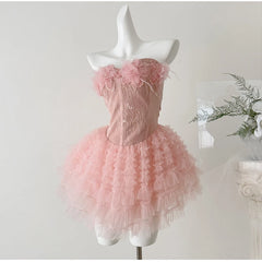 Hnewly  3D Flower Pleated Pink Dress Womens Strapless Mini Dress Sexy Lace Sleeveless Ruffle Tiered Summer Party Club Tube Dresses