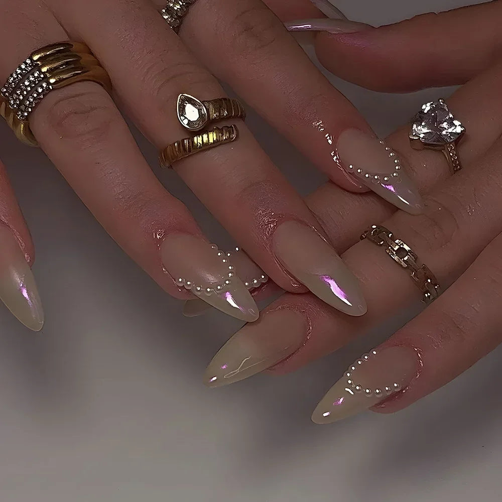 Hnewly 24Pcs Cat Eye Press on Nails with Almond Head Bow Diamond Stick on False Nail Sweet Pink French Full Cover Artificial Nails Tips