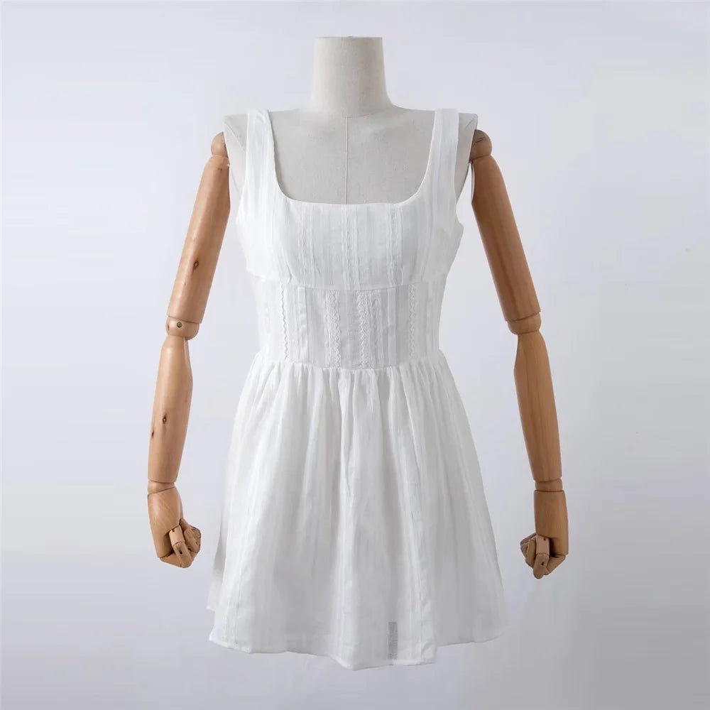 Hnewly  Summer dress women white dress evening party mini dresses elegant vestidos vintage beach dresses square neck jacquard weave