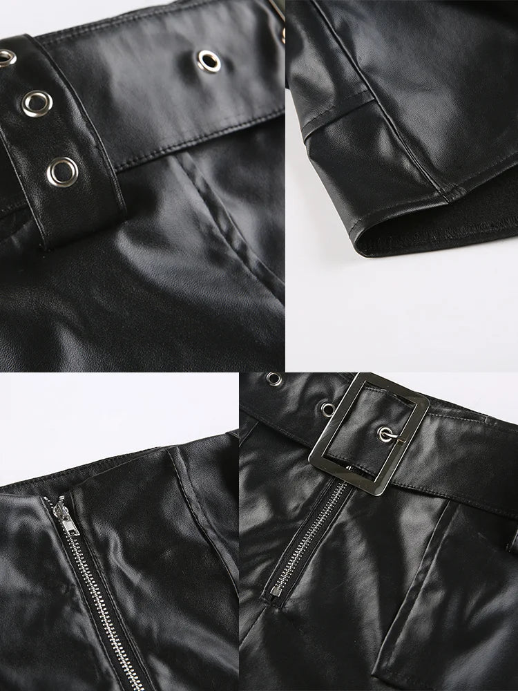 Hnewly Vintage Leather Skirts Belt Y2K Women'S Low Waist Mini Skirt Fashion Streetwear PU Straight Skirt 90s Punk Sexy Summer