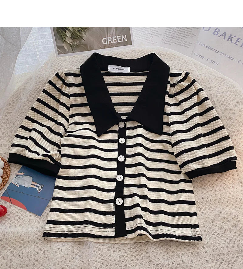 Hnewly Korean Contrast Stripe T-shirt Cardigan 2025 New Summer Women's Commuting Fashion Buttons Lapel Shirt Slim Versatile Top Trend