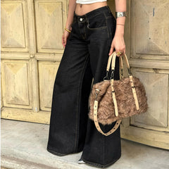 Hnewly  Retro Black Loose Wide Leg Denim Jeans Women's All-Match Low Waist Trousers Y2K Streetwear Denim Trousers Casual Outfit