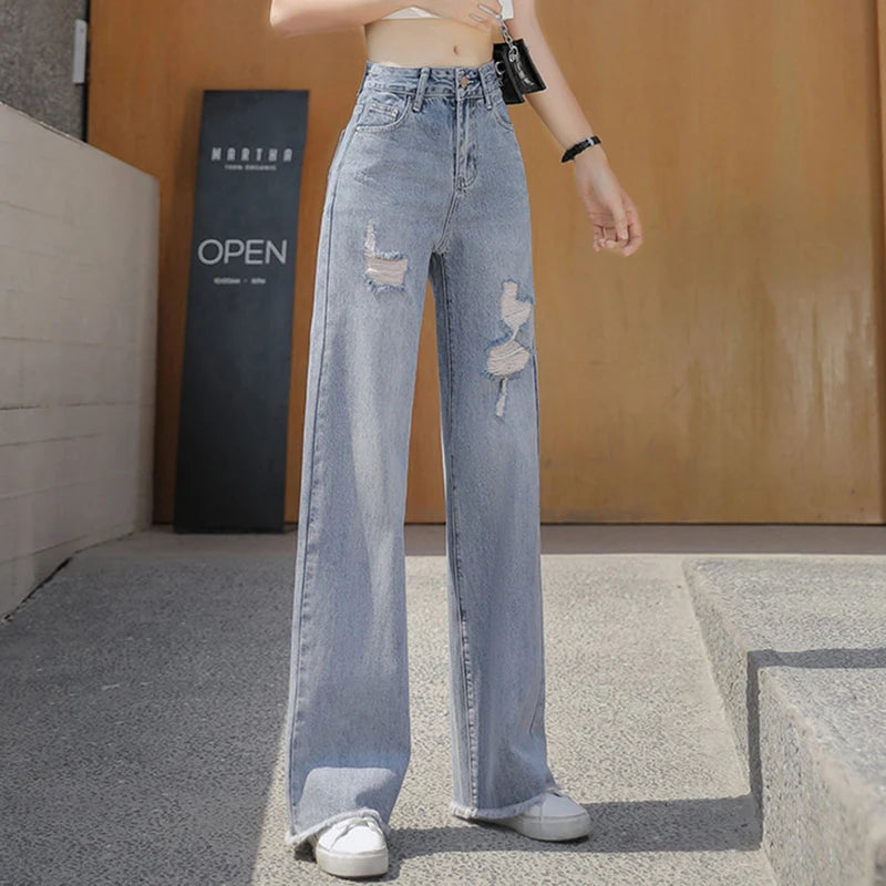 Hnewly  Korean Solid High Waist Ripped Women Jeans Fashion Casual Straight Ladies Denim Pants All Match New Pockets Female Pants