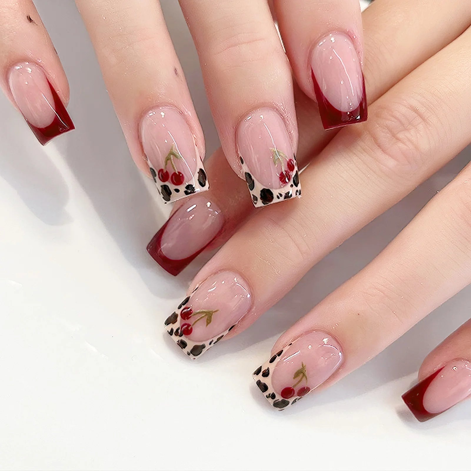 Hnewly Pink French Style Fake Nails 3D Bowknot Designs Short Square Press on Nails Sweet Korean Fashion False Nails for Women and Girls