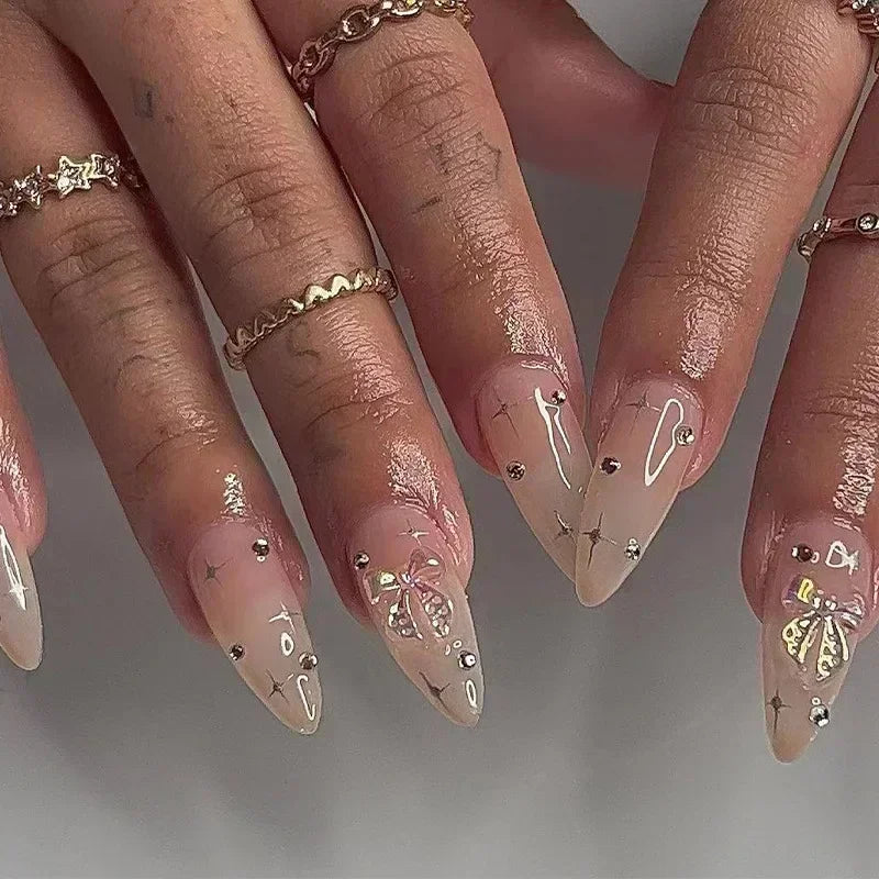 Hnewly 24Pcs Pink Almond French Press on Nails With 3D Bow ripple charms Design Fake Nails Ballerina False Nails Full Cover Nail Tips