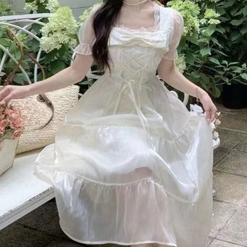 Hnewly  Women Dresses Square Collar Bow Bandage Ribbon Puff Short Sleeve Bow Princess Sweet Elegant Female Dress Casual