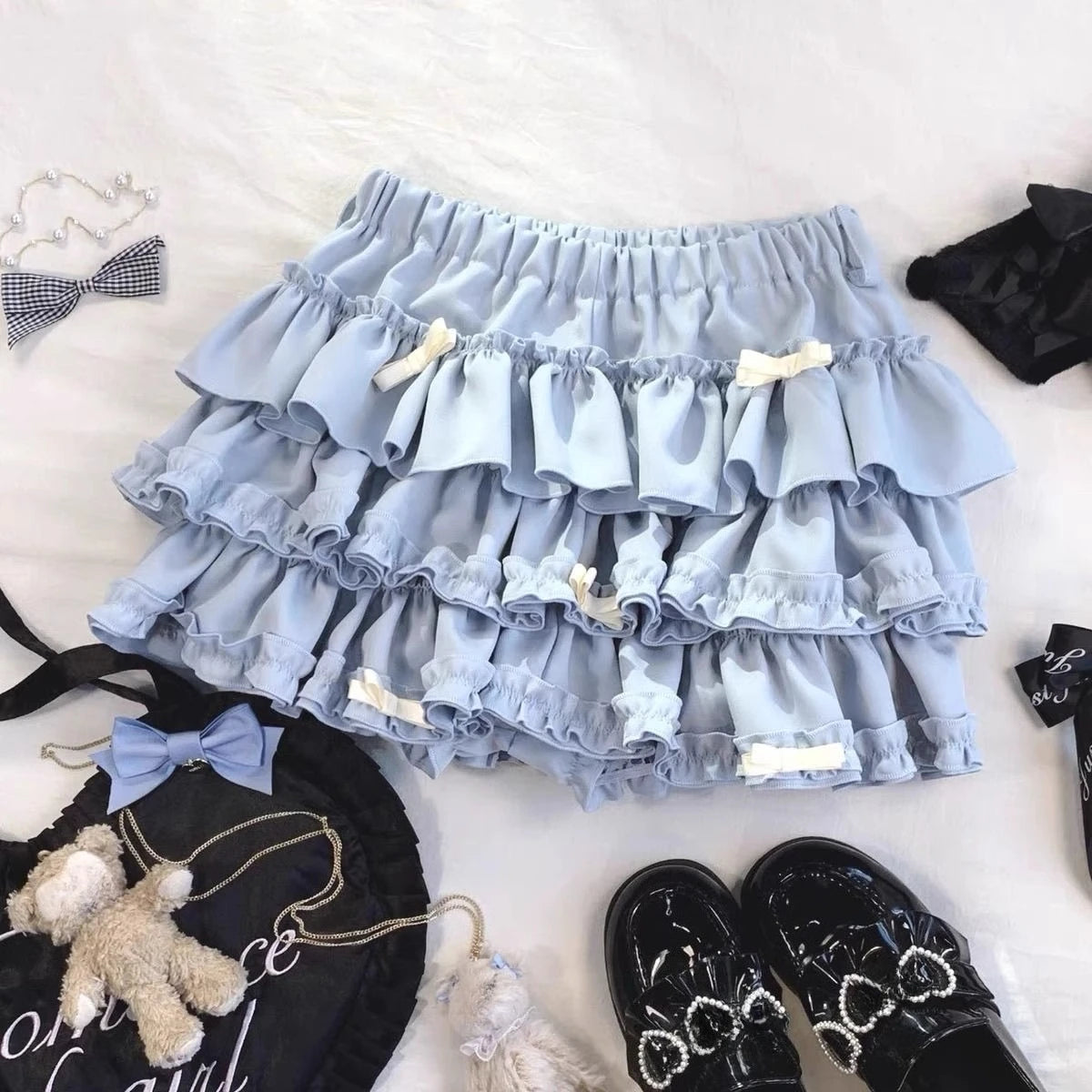 Hnewly  Summer New Versatile Women's Clothing Blue Bow Lace Cake Tutu Mini Skirt Kawaii Pink Sweet Cute Thin A-line Skirts Ladies