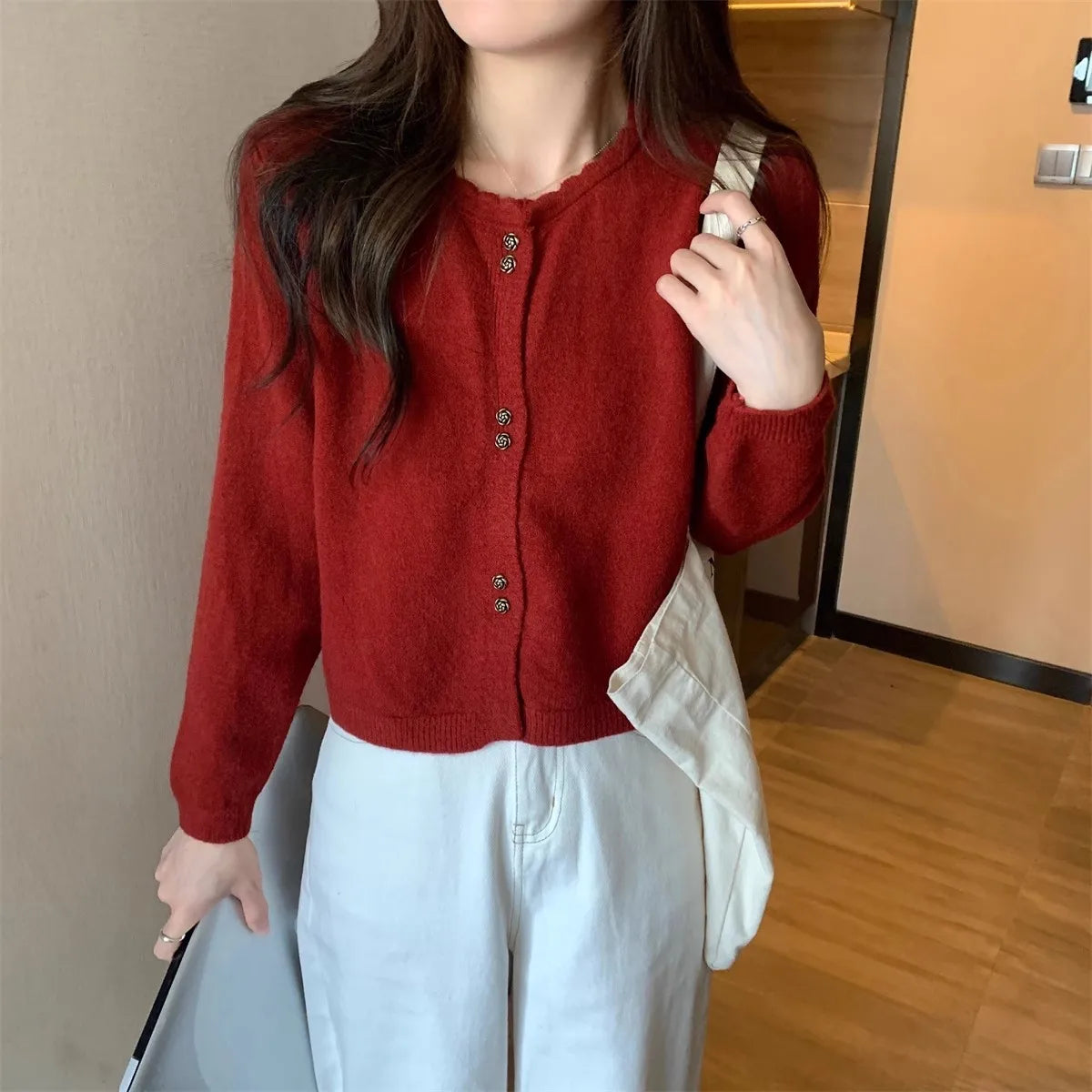 Hnewly  Sweet Short Hollowed Out Sweater Chic Buttons Long Sleeved Knitted  Cardigan Jacket Korean series Round Neck Loose Top