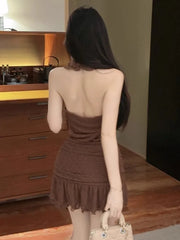 Hnewly  Woman Dress Sleeveless Halter Sexy Elegant Ruffles Patchwork Backless Slim Party Mini Dresses Female Fashion Club