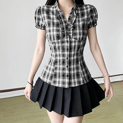 Hnewly  Ruched V-neck Plaid Blouse Women Korean Style Button-up Short Sleeve Top Sweet Slimming Shirts Elegant Streetwear Y2k