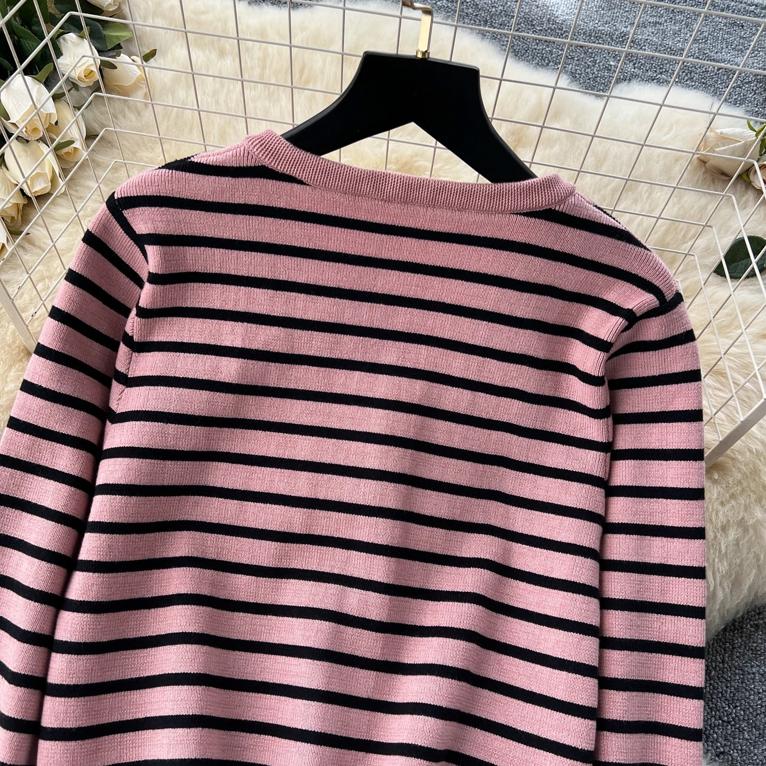 Hnewly  Elegant Knitted Set for Women's High End Versatile Round Neck Striped Knitted Cardigan+High Waist Casual Wide Leg Pants 2PCS