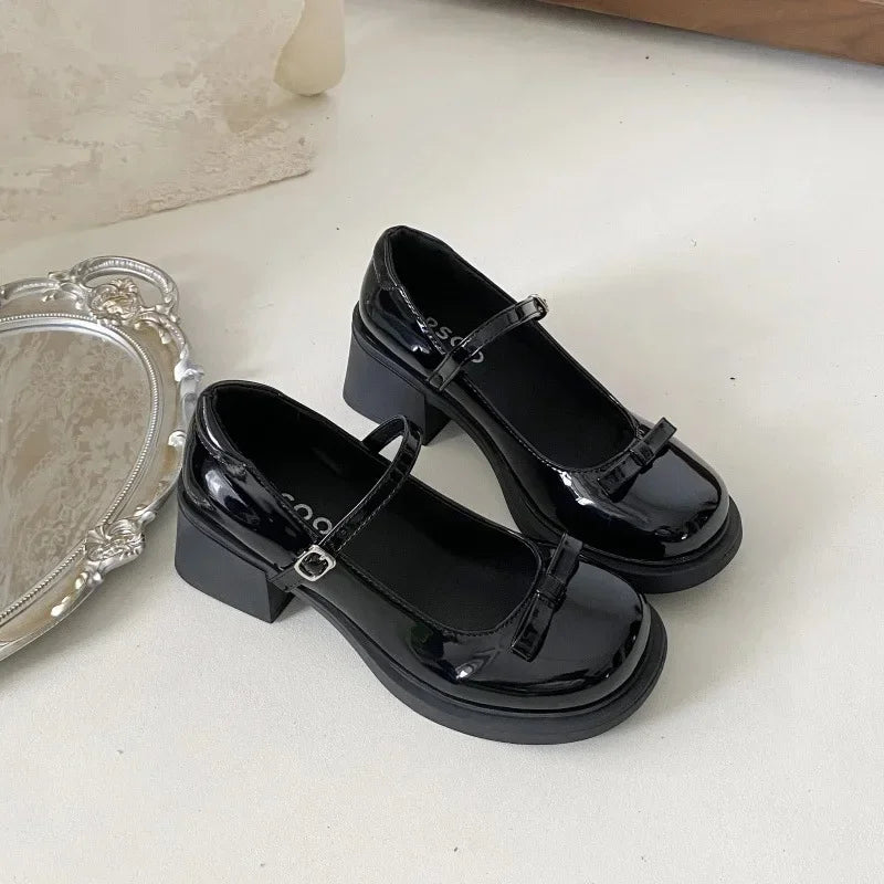 Hnewly  Retro Mary Jane Shoes Women's Chunky Heel Butterfly Knot Japanese JK Style Brown Buckle Strap Simple Design Summer Shoes