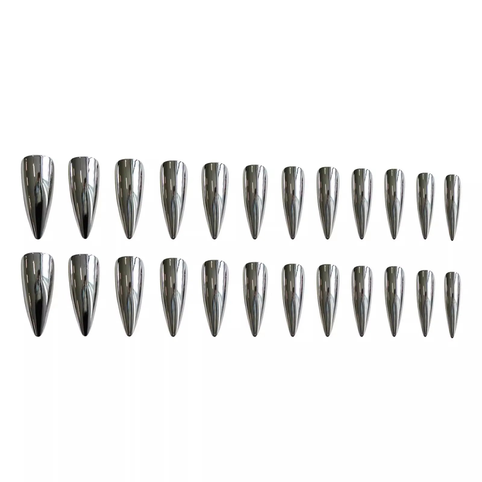 Hnewly 24pcs Punk Metal Fake Nails Press On Finished Long Pointed Silver Mirror y2k Nail Tips Full Cover Stiletto False Nails For Girl