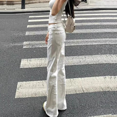 Hnewly  Korean Fashion High Waist White Jeans for Women Streetwear Slimming Micro Flared Denim Pants Woman Vintage Loose Trousers Female