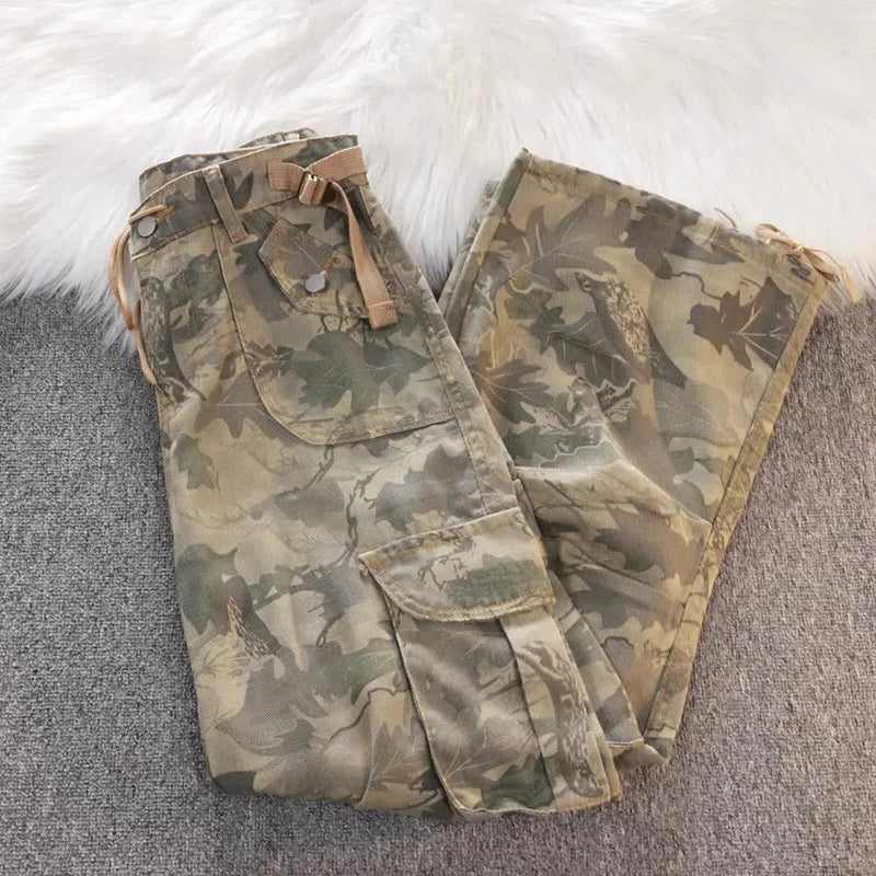 Hnewly Y2K Camouflage Cargo Jeans for Women American Midi Waist Drawstring Wide Leg Pants Bf Fashion Streetwear Hip Hop Denim Trousers