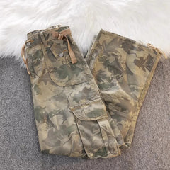 Hnewly Y2K Camouflage Cargo Jeans for Women American Midi Waist Drawstring Wide Leg Pants Bf Fashion Streetwear Hip Hop Denim Trousers
