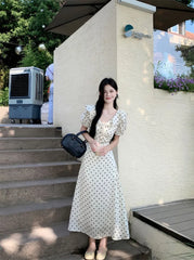 Hnewly  Woman Dress Polka Dot Puff Short Sleeve Ruffles Bandage V Neck Temperament Sweet Dresses Elegant Female Fashion