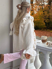 Hnewly  Fashion Women's Dress O-neck Full Ruffle Sleeve Solid Loose Knitted Female Dresses Autumn Chic Lovely Straight Lady Robes